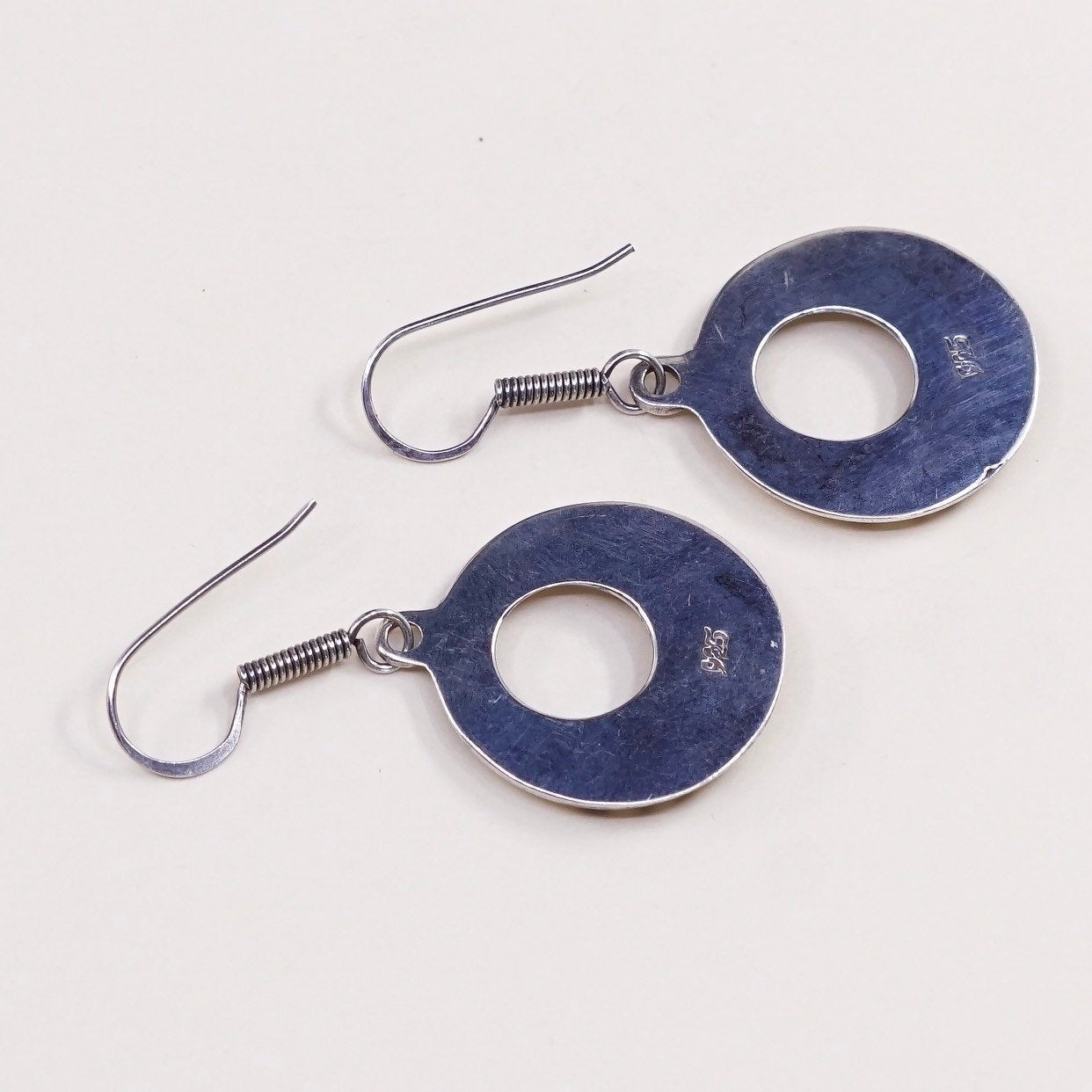 vtg Sterling silver handmade earrings, 925 silver circle disc dangles