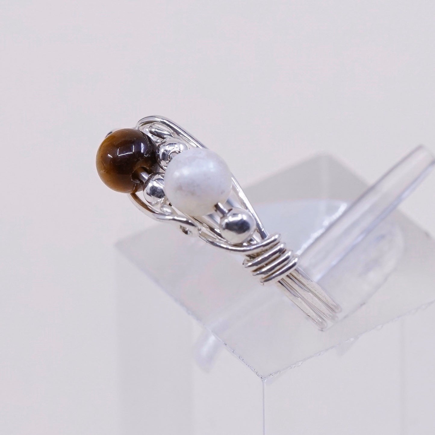 Size 5, VTG sterling 925 silver handmade wired ring w/ tiger eye N pearl bead