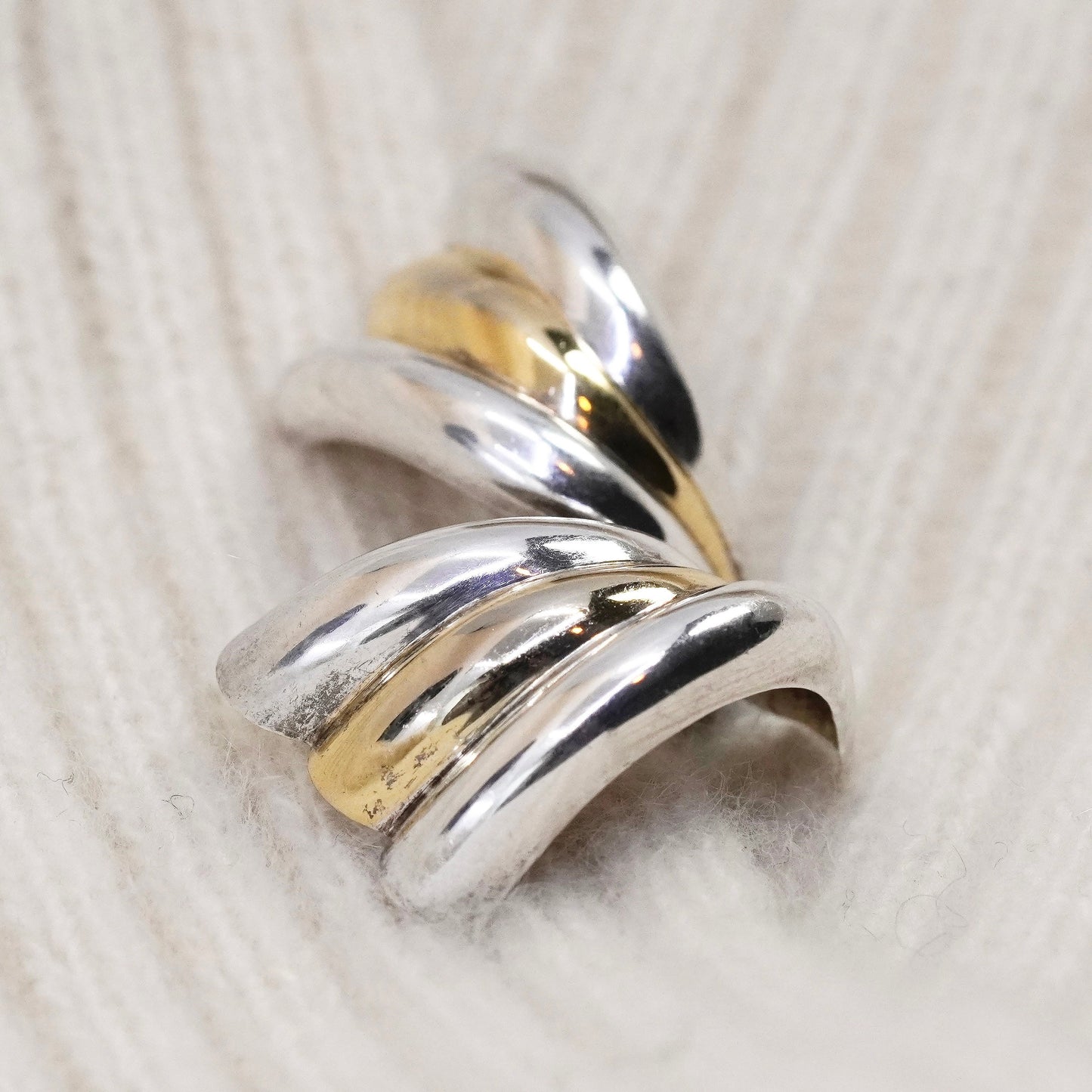 1”, vtg Italy two tone Sterling silver handmade earrings curvy 925 Huggie studs