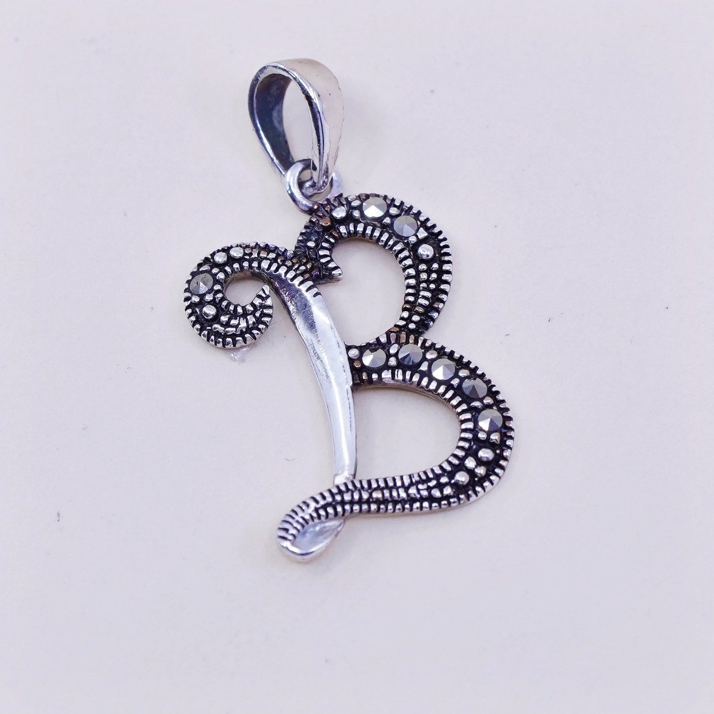 Vintage handmade sterling silver cross, 925 initial B with marcasite details