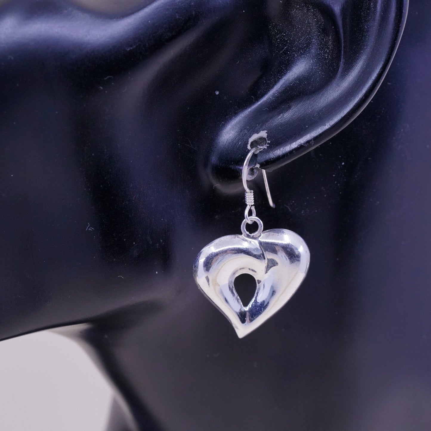 vtg sterling silver heart shaped drop earrings, puffy lightweight 925 heart