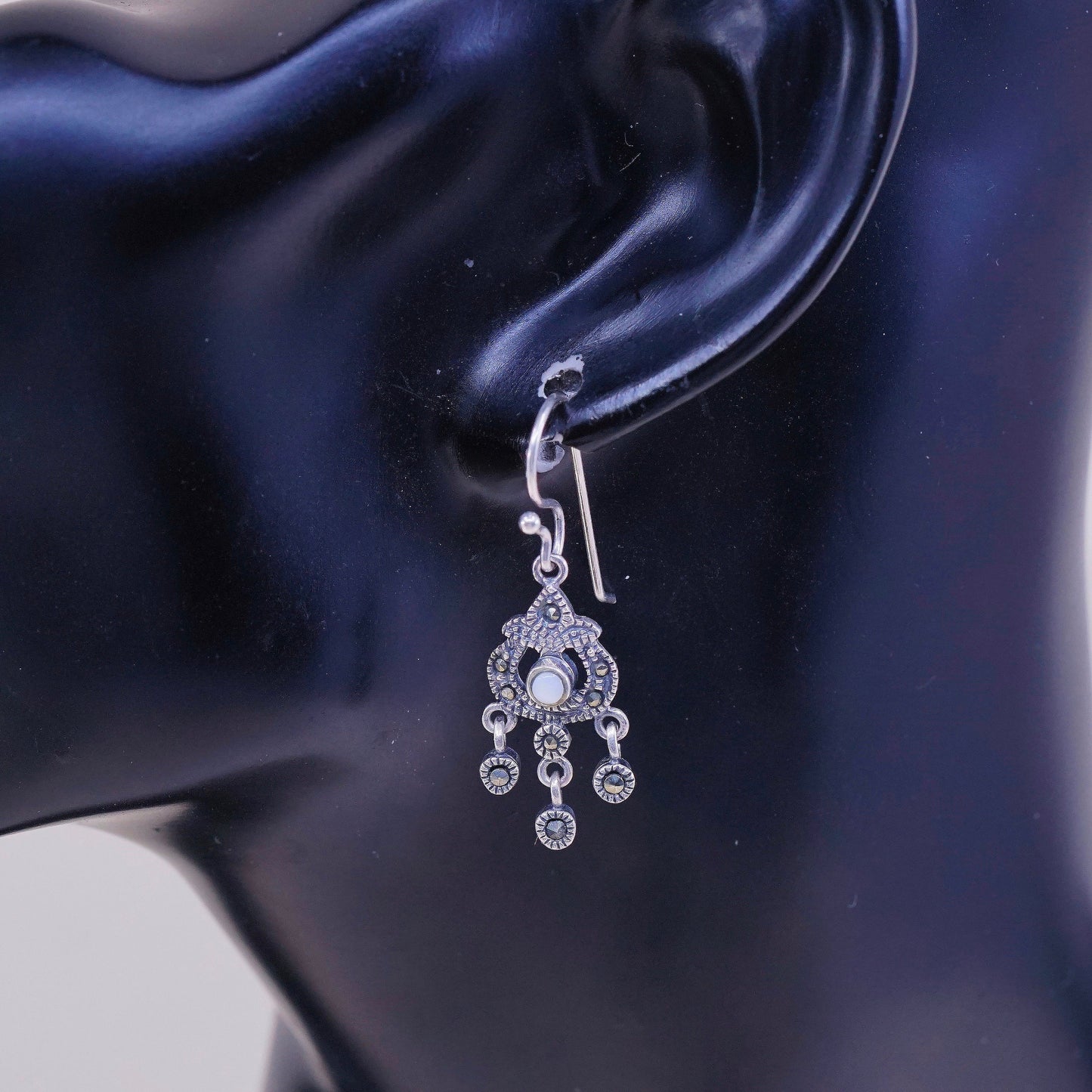 vtg Sterling silver handmade earrings, 925 drops w/ mother of pearl N marcasite