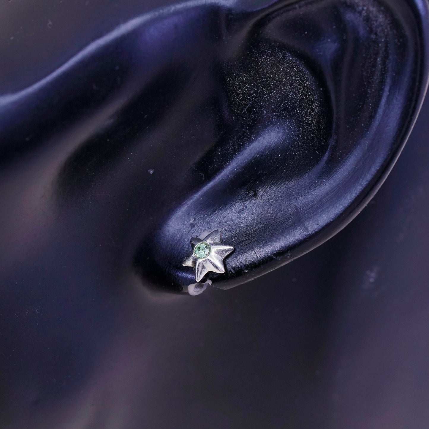 Vintage sterling silver star green CZ studs, fashion minimalist earrings