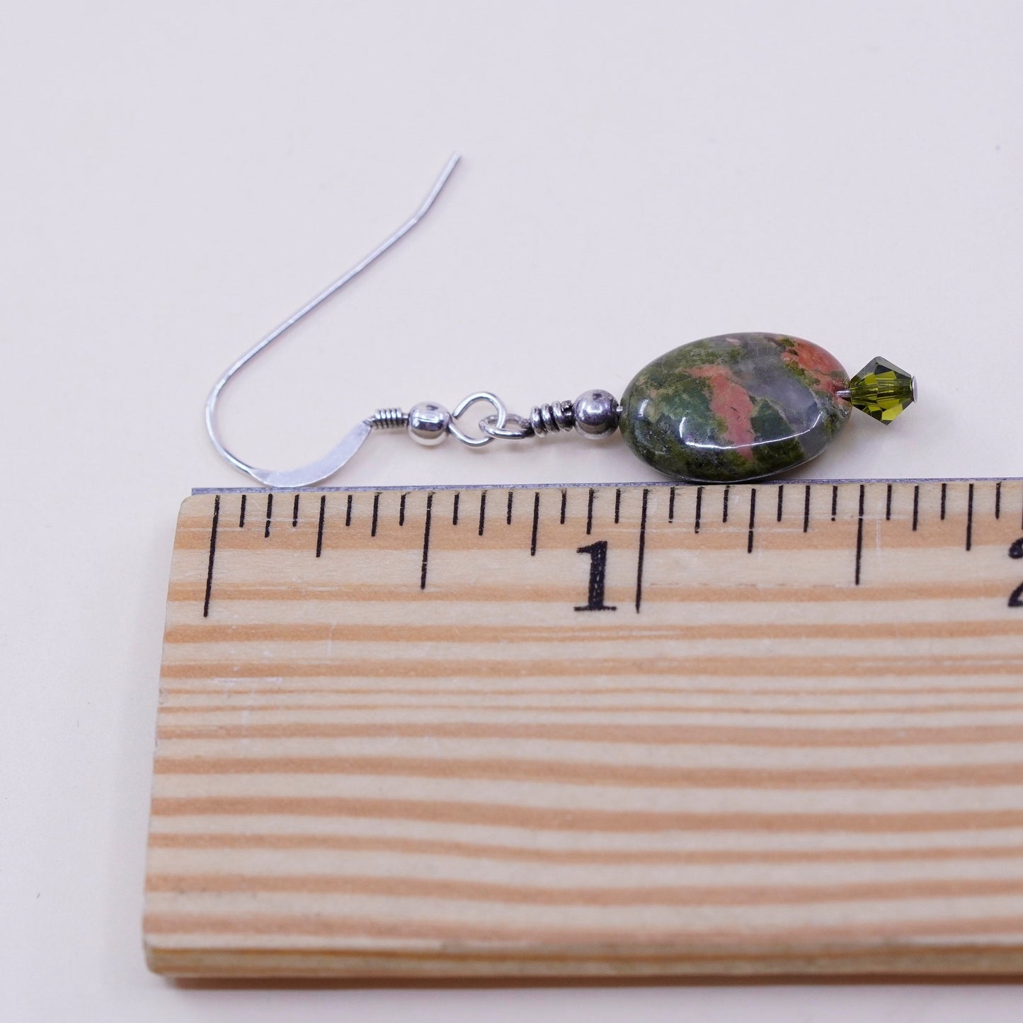 Vintage Sterling 925 silver handmade earrings with green jasper drops, stamped 925