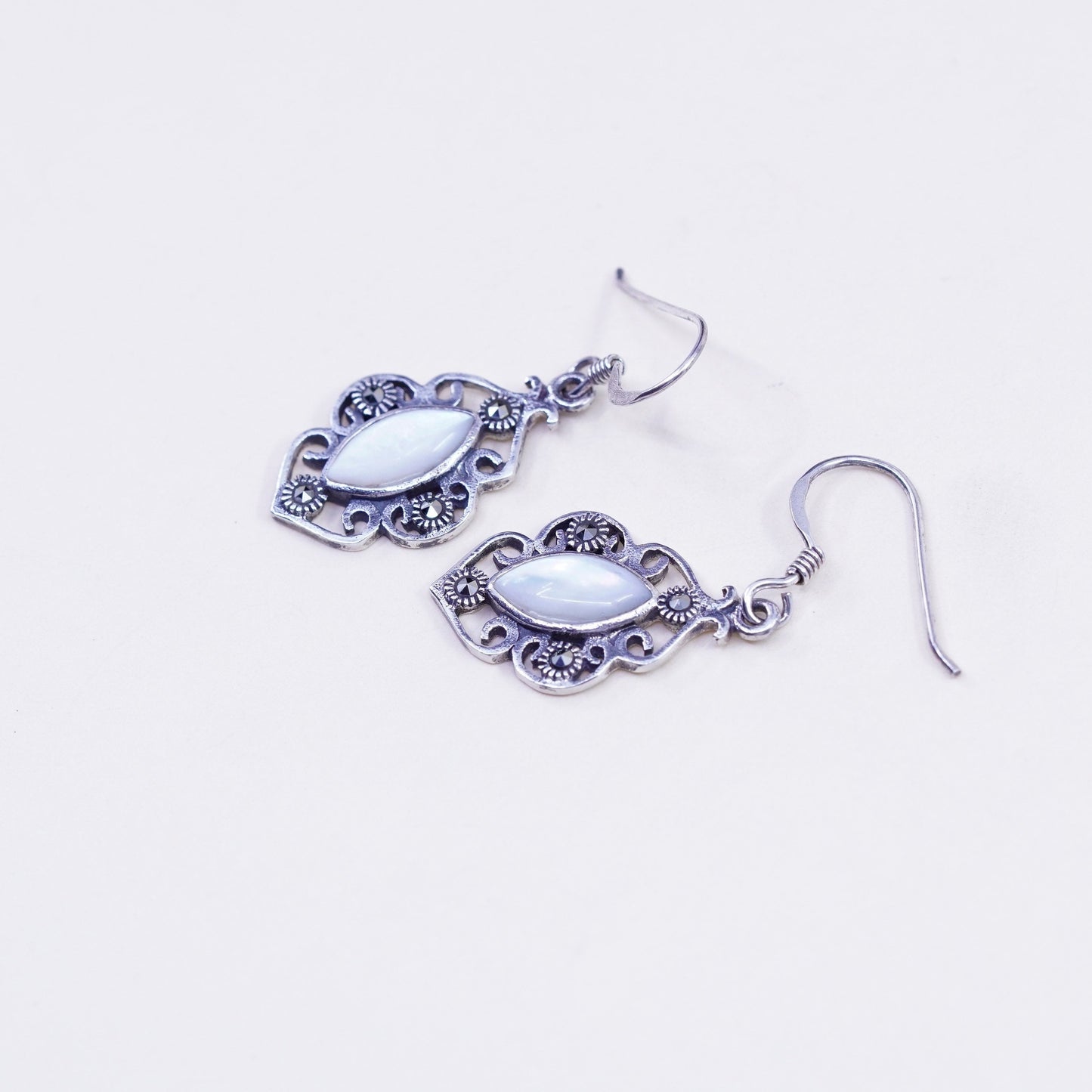 Vintage sterling silver handmade earrings, 925 marquise w/ moonstone marcasite