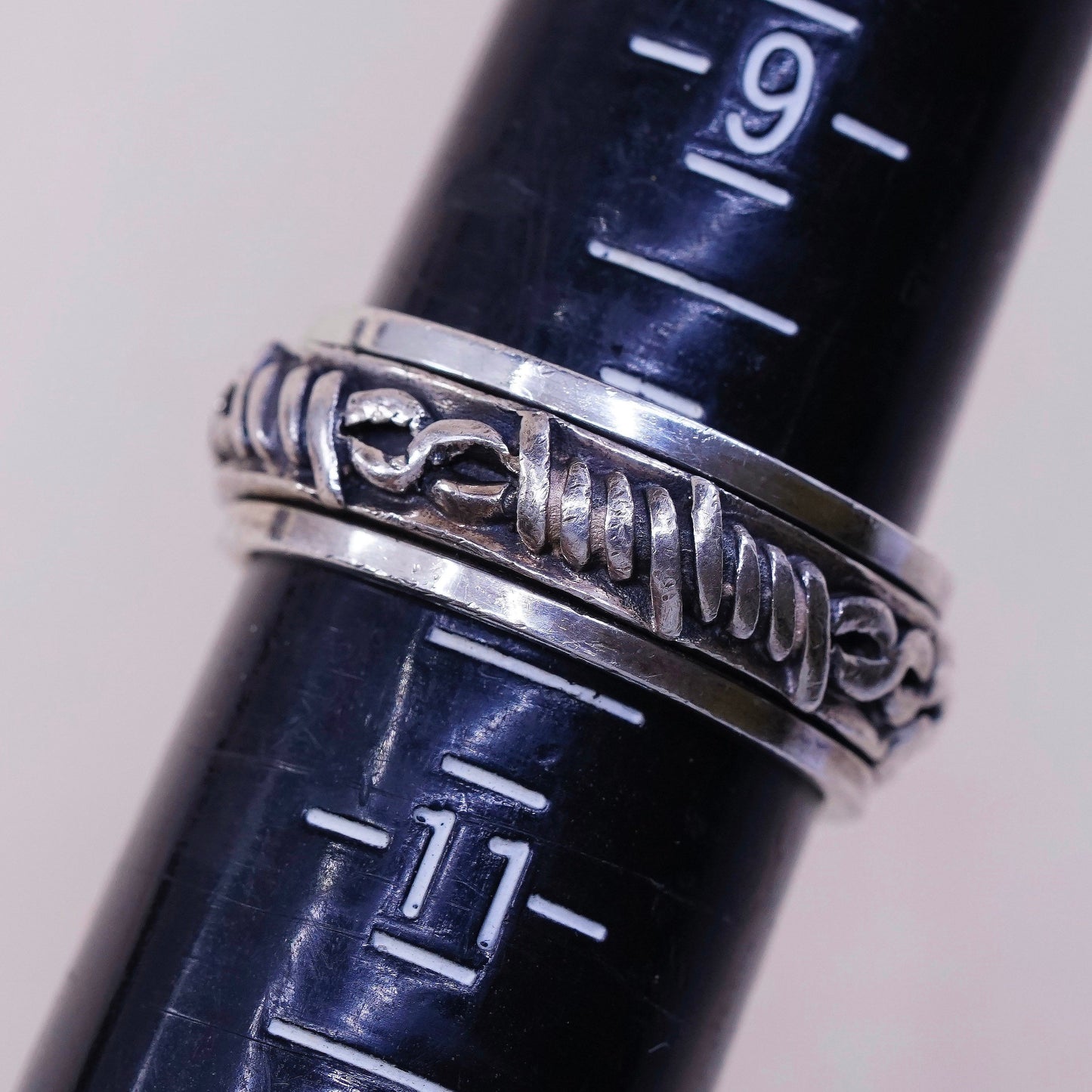 sz 10, vtg sterling silver handmade ring, 925 spinner roller band w/ cable
