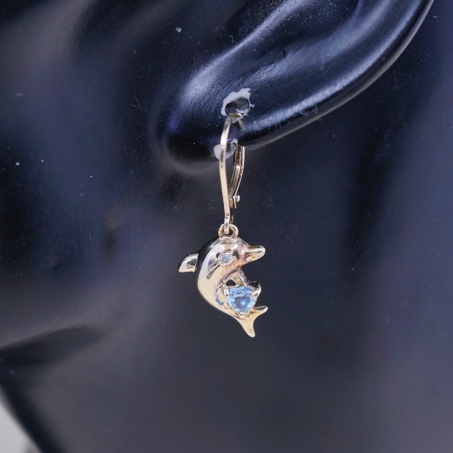 vermeil gold over sterling 925 silver handmade dolphin earrings w/ topaz heart