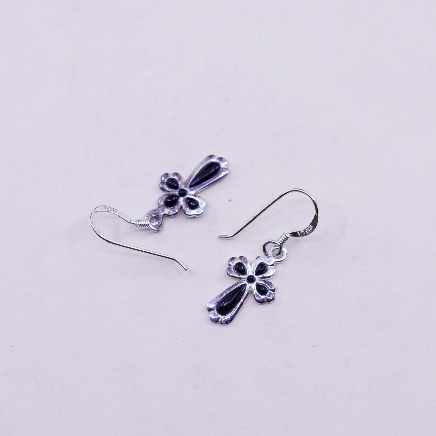 Vintage Sterling silver handmade earrings, 925 cross with obsidian, cute
