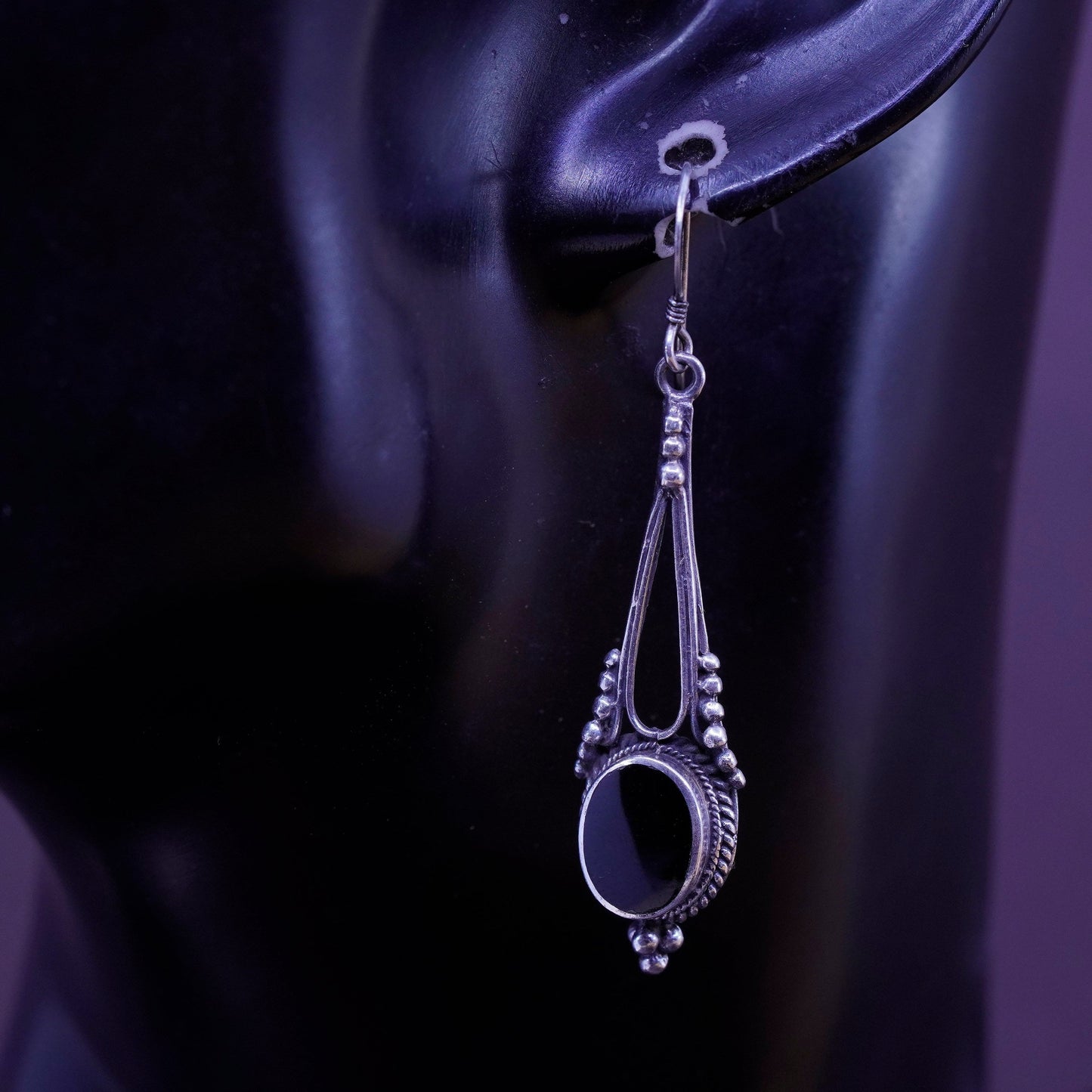 Vintage Sterling silver handmade earrings, Mexico 925 beads with oval obsidian
