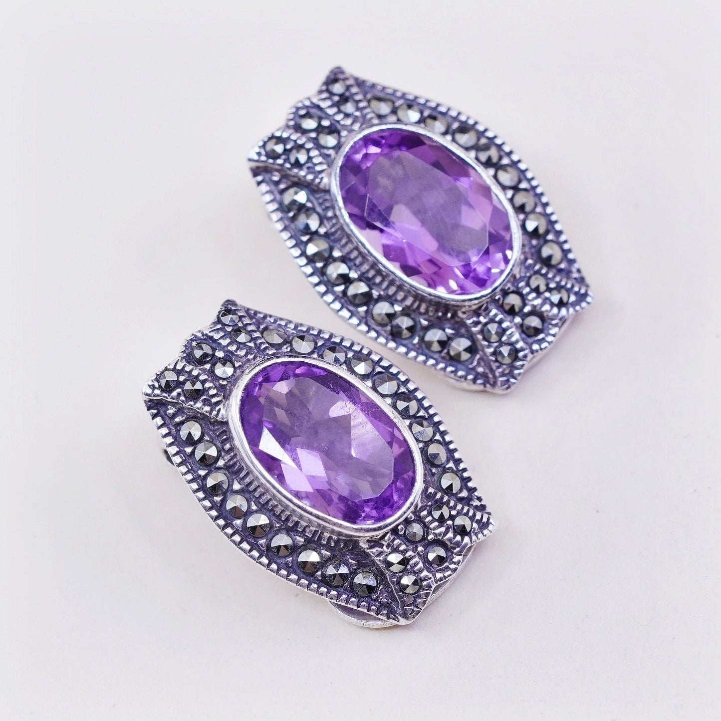 Vintage Sterling 925 silver handmade clip on earrings w/ amethyst and Marcasite