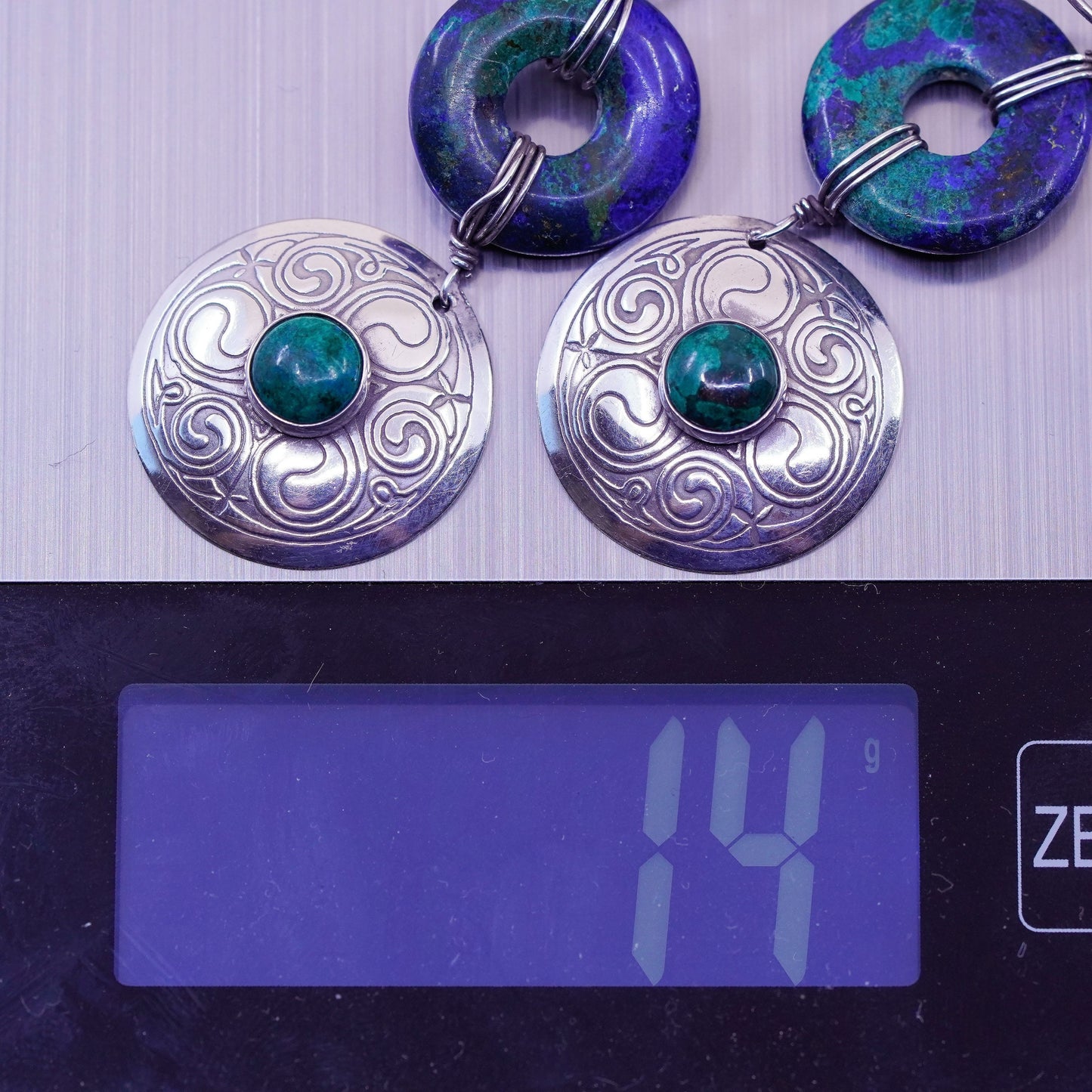 Vintage Sterling 925 silver handmade earrings with azurite and circle dangles