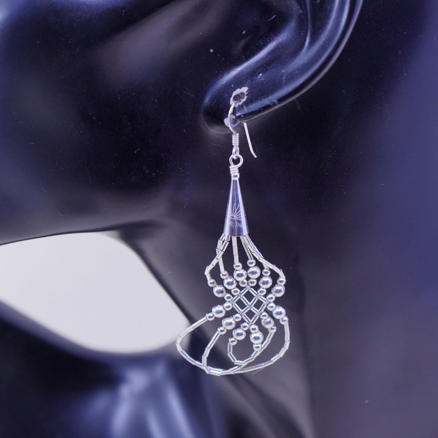 vtg Sterling silver handmade earrings, 925 liquid silver braided woven drops