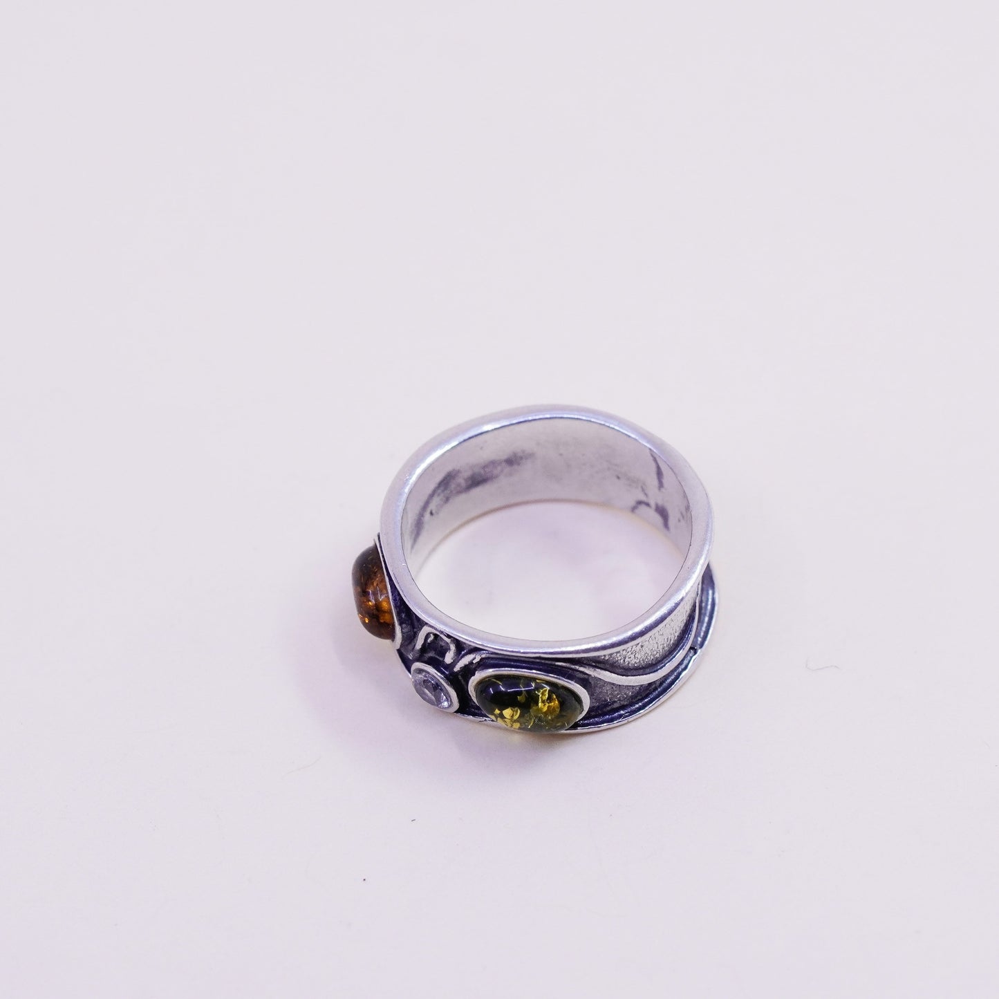 Size 6, Vintage sterling 925 silver handmade ring with Amber and cz