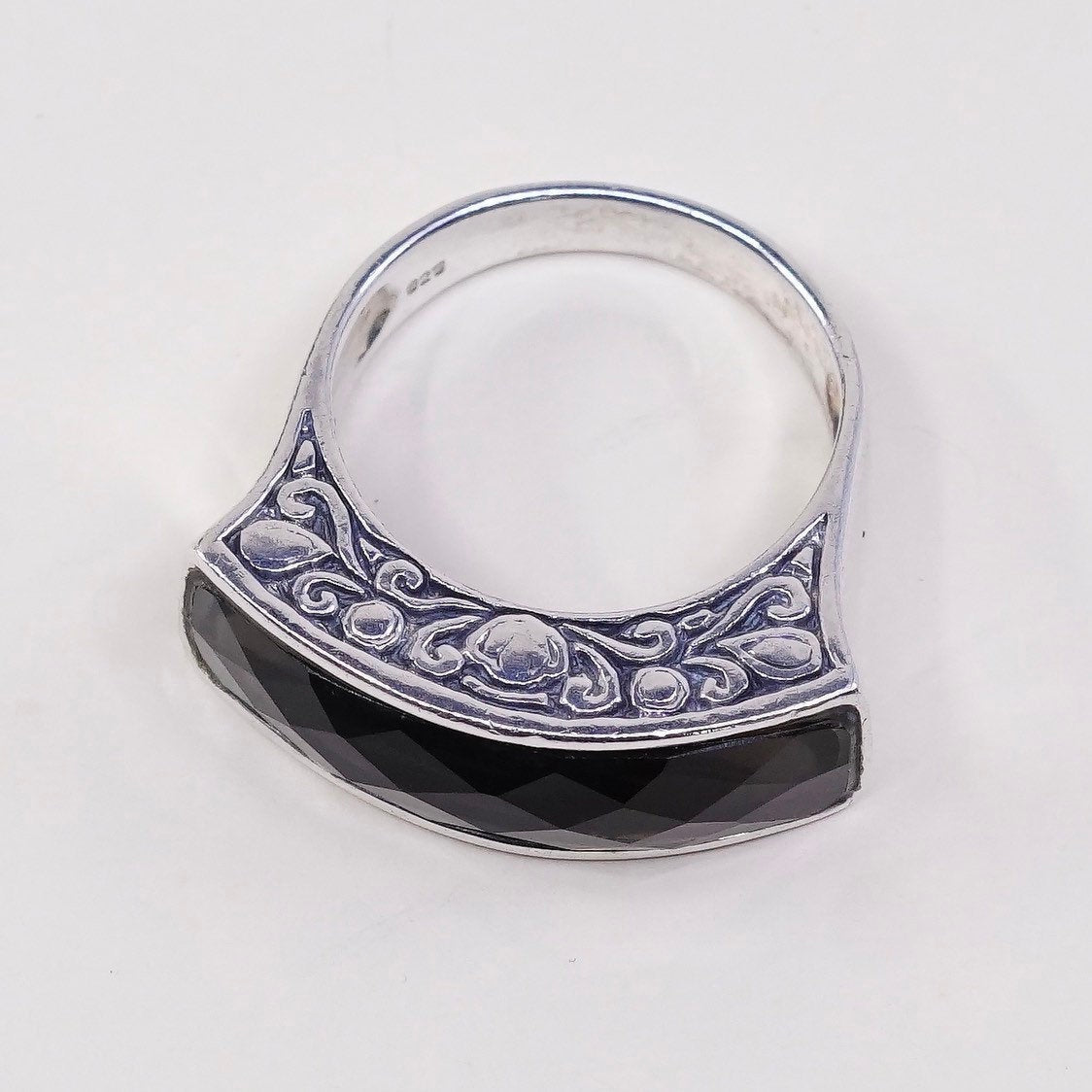 sz 9, vtg sterling 925 silver handmade statement ring w/ checker smoky topaz