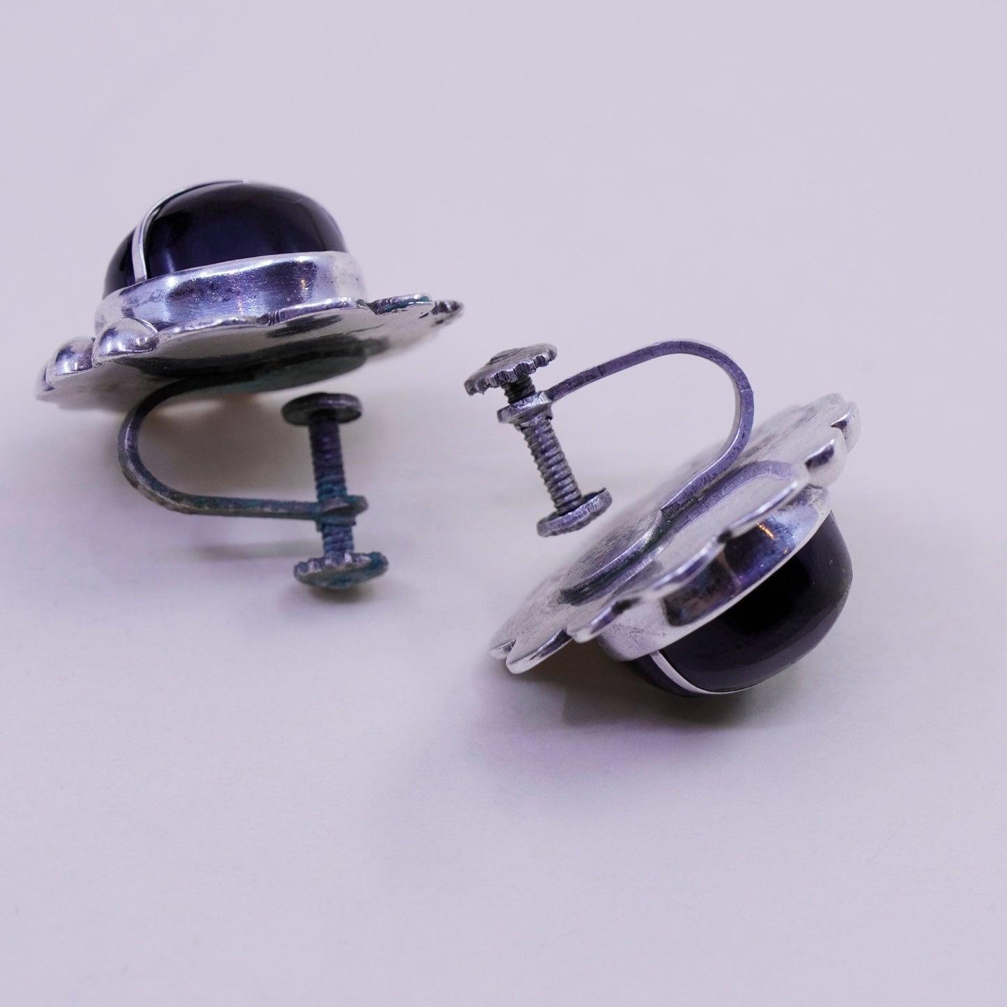 Vintage sterling 925 silver handmade screw back earrings with obsidian inlay