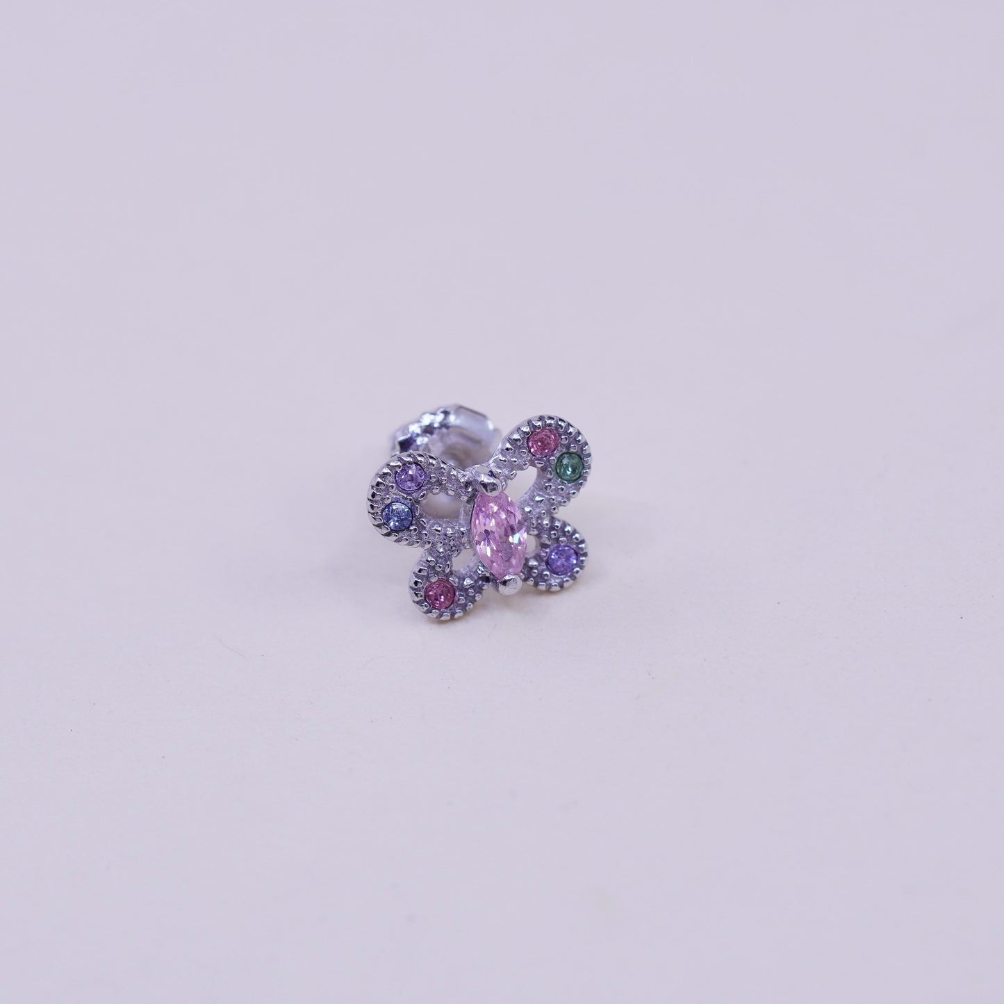 Vintage sterling silver earrings, 925 butterfly studs with pink quartz