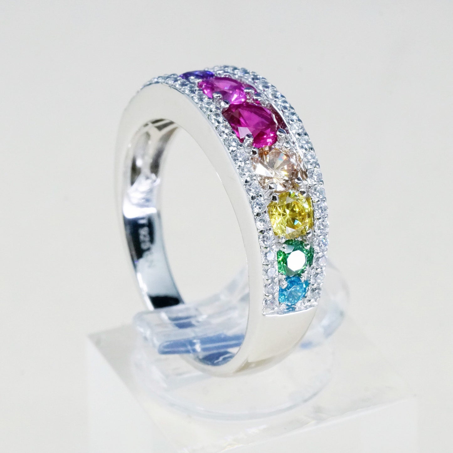 sz 9.25, vtg ET sterling silver handmade ring, 925 band w/ cluster colorful cz