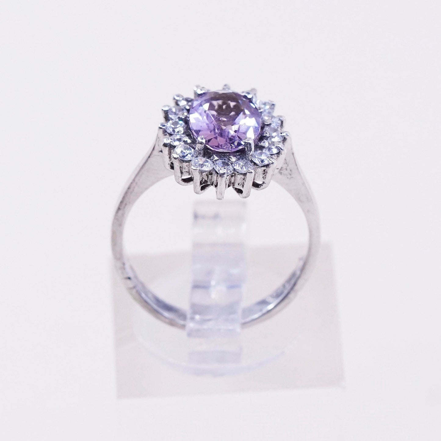 sz 5.75, vintage Sterling silver handmade cocktail ring, 925 w/ amethyst N Cz
