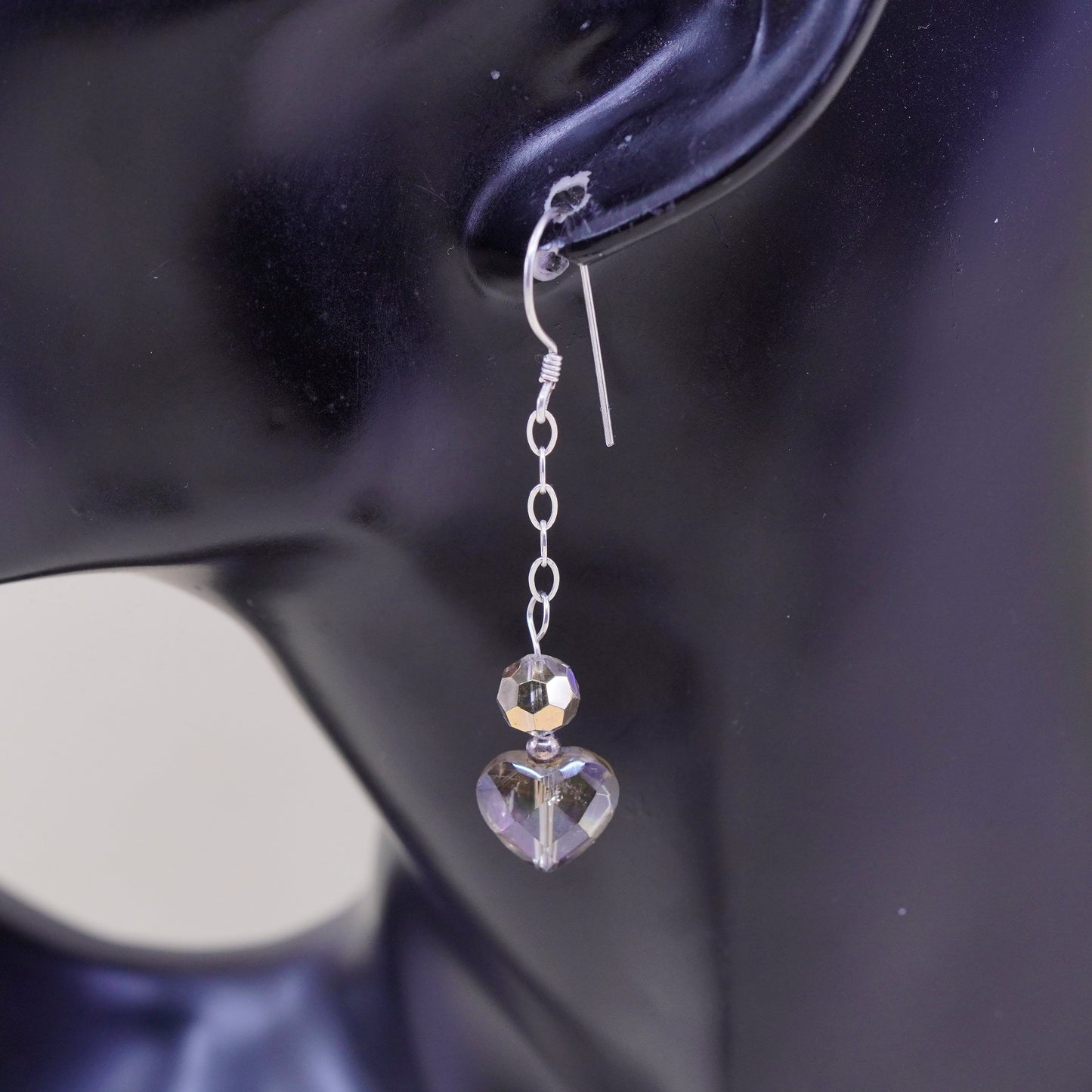 Vintage sterling 925 silver handmade earrings with heart crystal drops