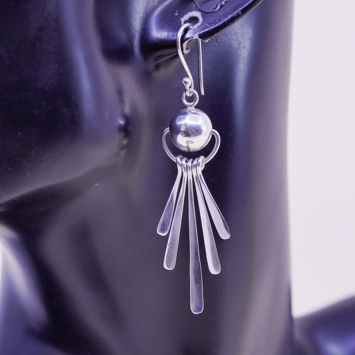 Vintage Sterling silver handmade earrings, modern 925 bead with fringe drop