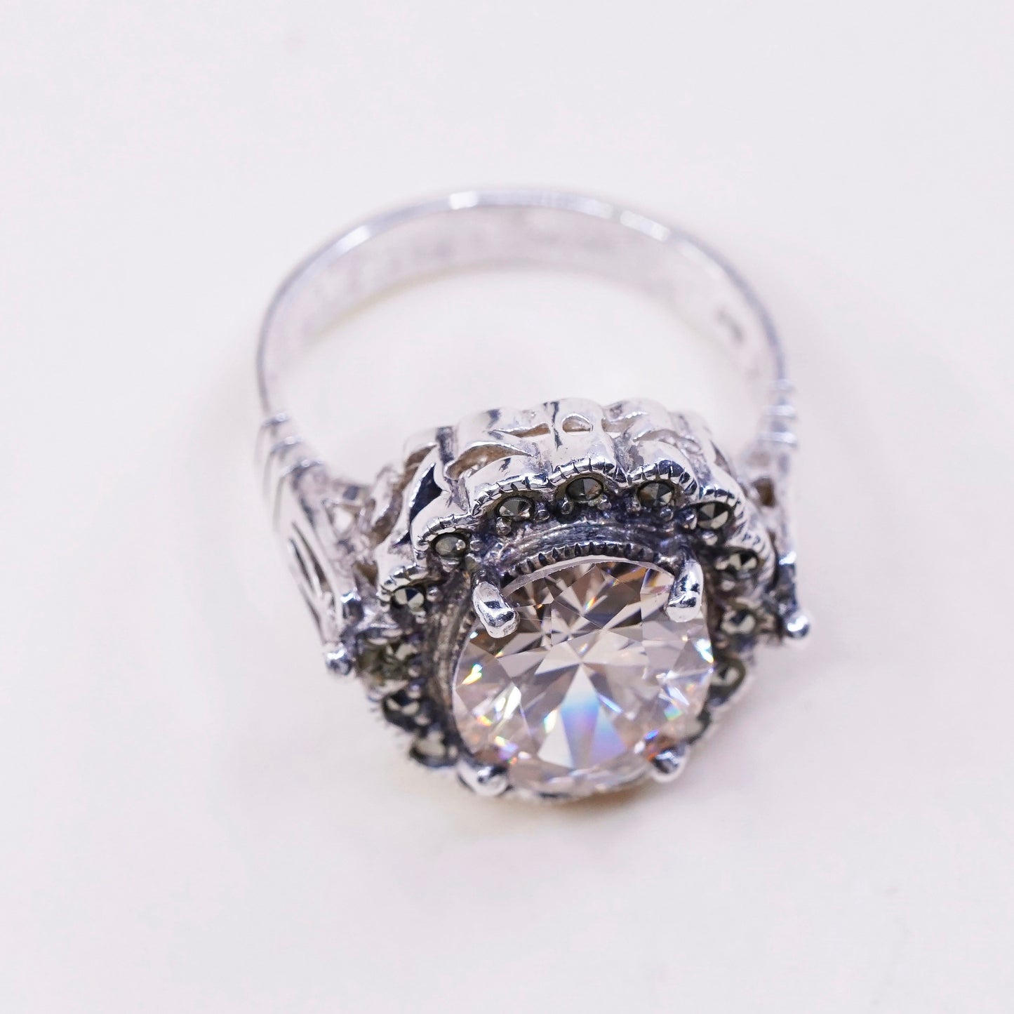 sz 8.5, vtg Sterling 925 silver handmade cocktail ring w/ citrine N marcasite
