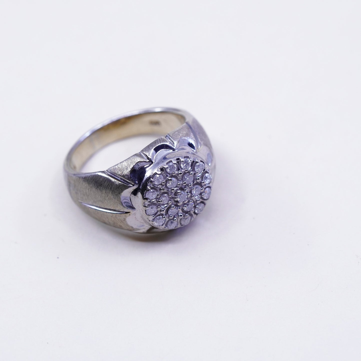 sz 10, vtg textured Sterling 925 silver statement ring w/ cluster real diamond