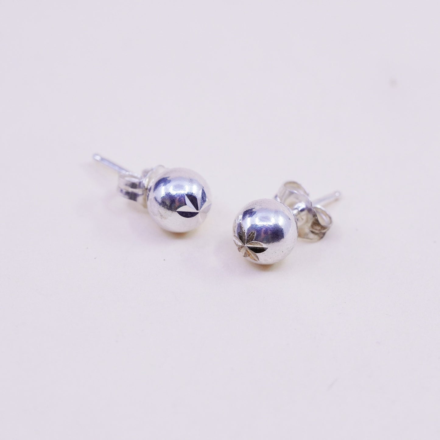 5mm, Vintage sterling silver sphere studs, handmade 925 earrings with star