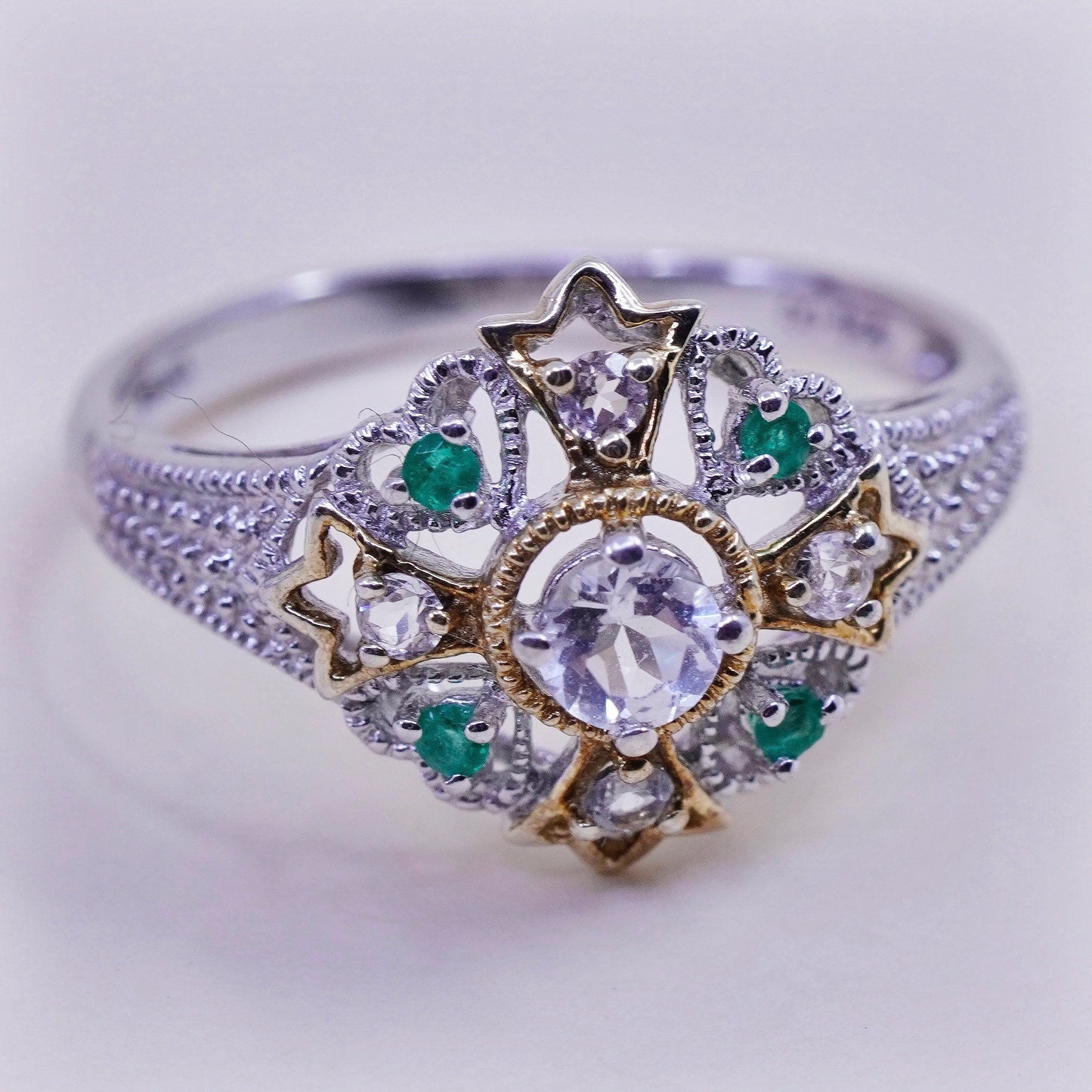 Size 9.25, vtg sterling 925 silver filigree engagement ring with peridot and cz