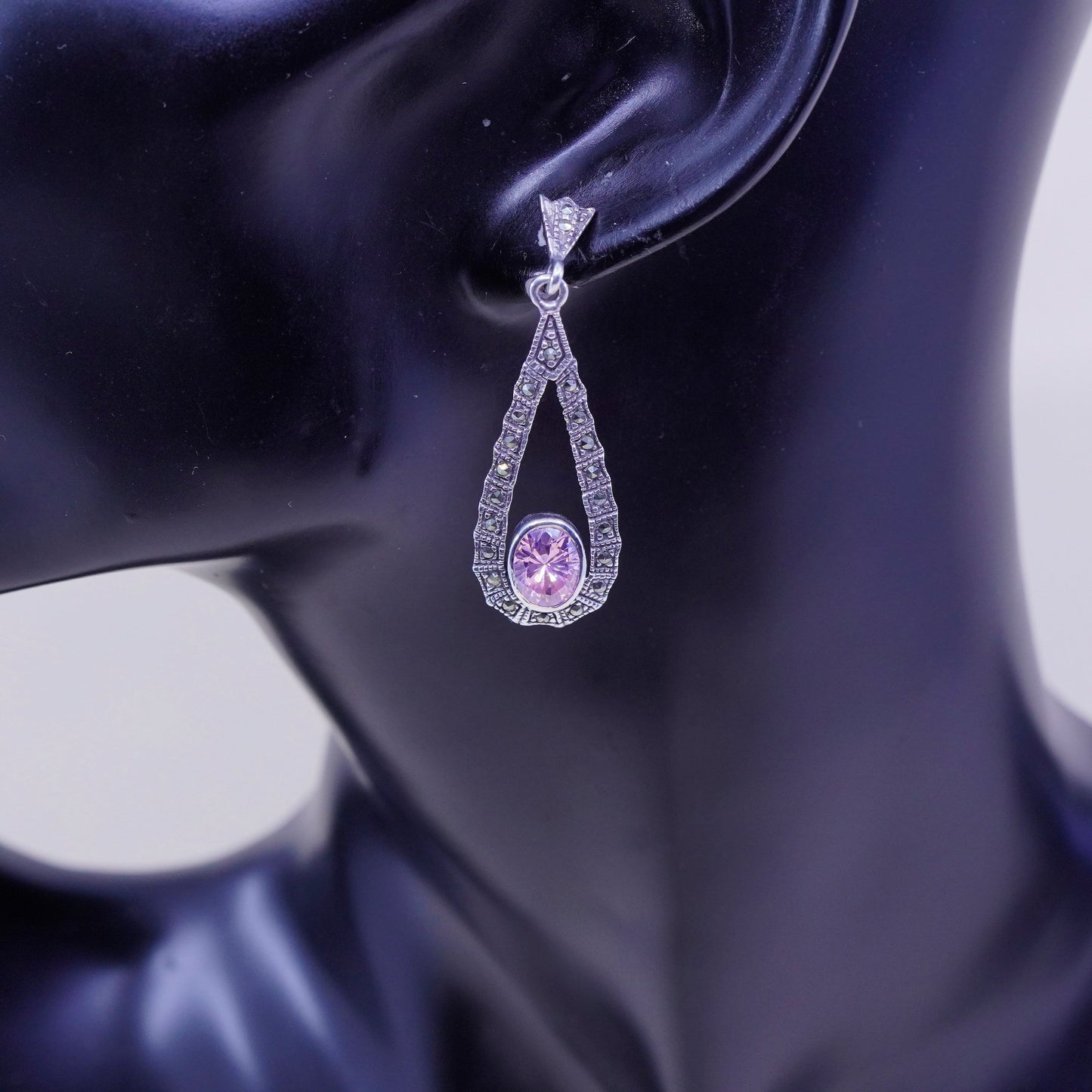 vtg Sterling silver handmade earrings, 925 teardrop with pink crystal marcasite