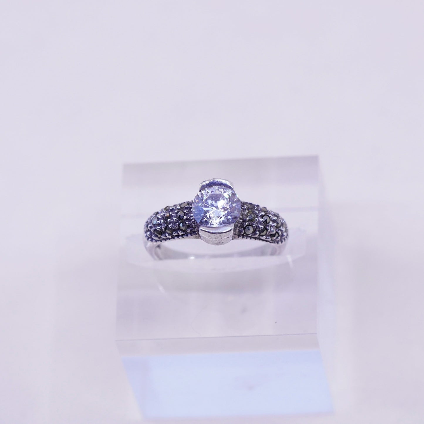 Size 7.5, Sterling silver handmade ring, 925 with CZ and marcasite
