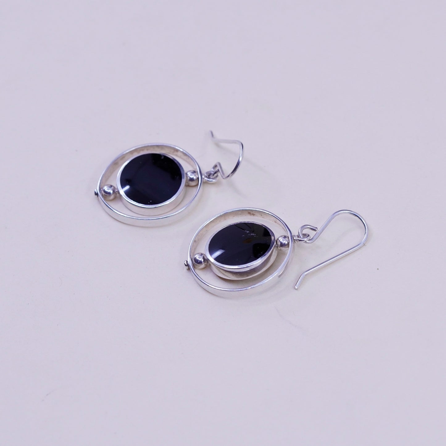 Vintage sterling silver handmade earrings, 925 circle spinner dangles obsidian