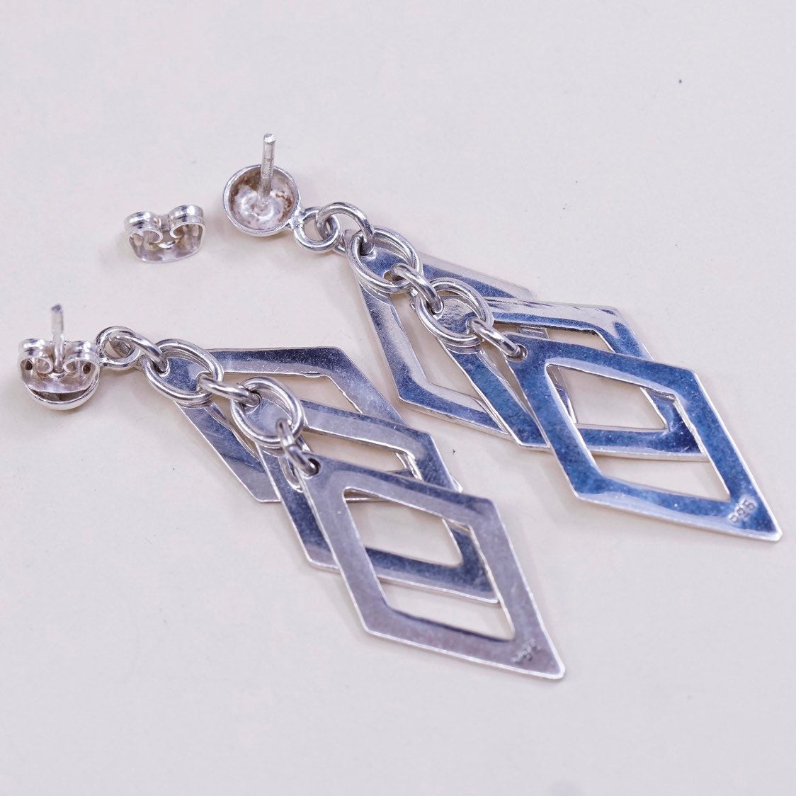 vtg Sterling silver handmade earrings, 925 modern marquise shaped dangles