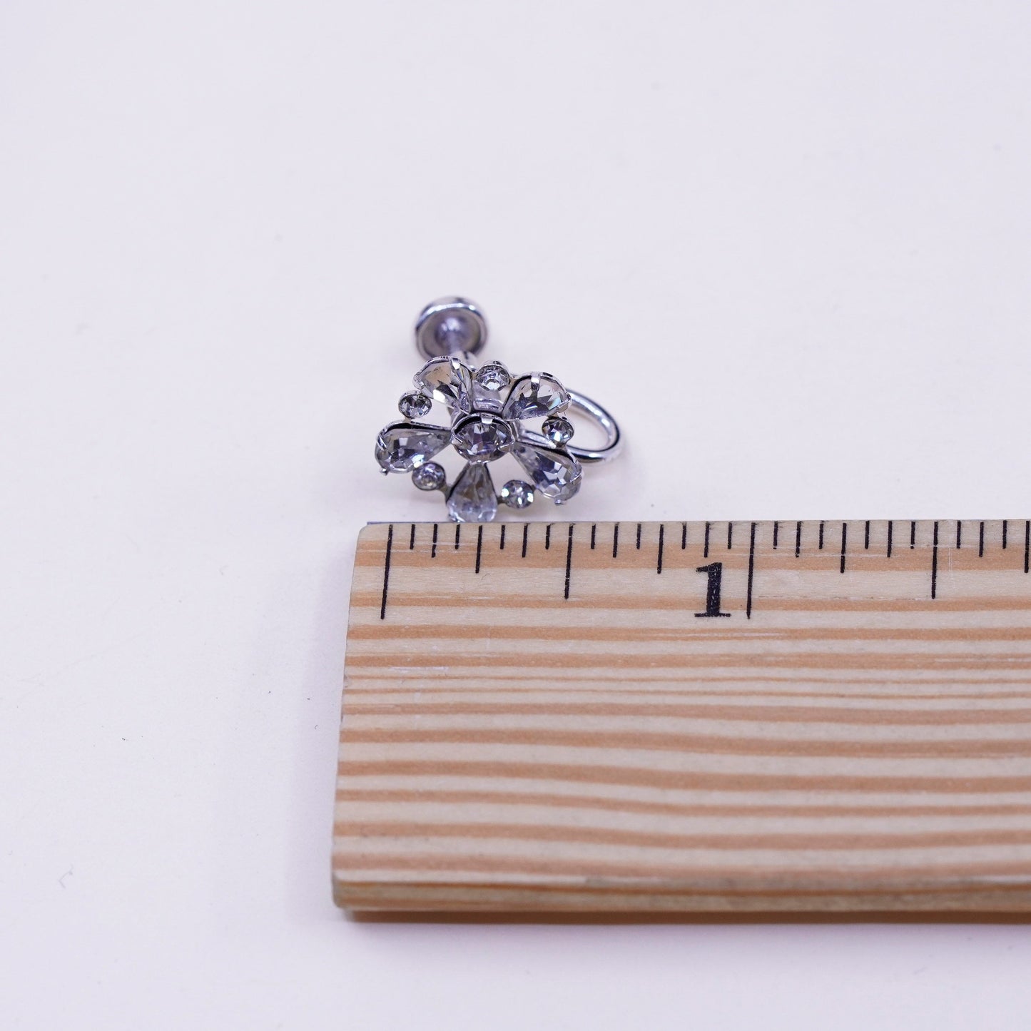1950s vtg sterling 925 silver earrings flower screw back earrings rhinestone