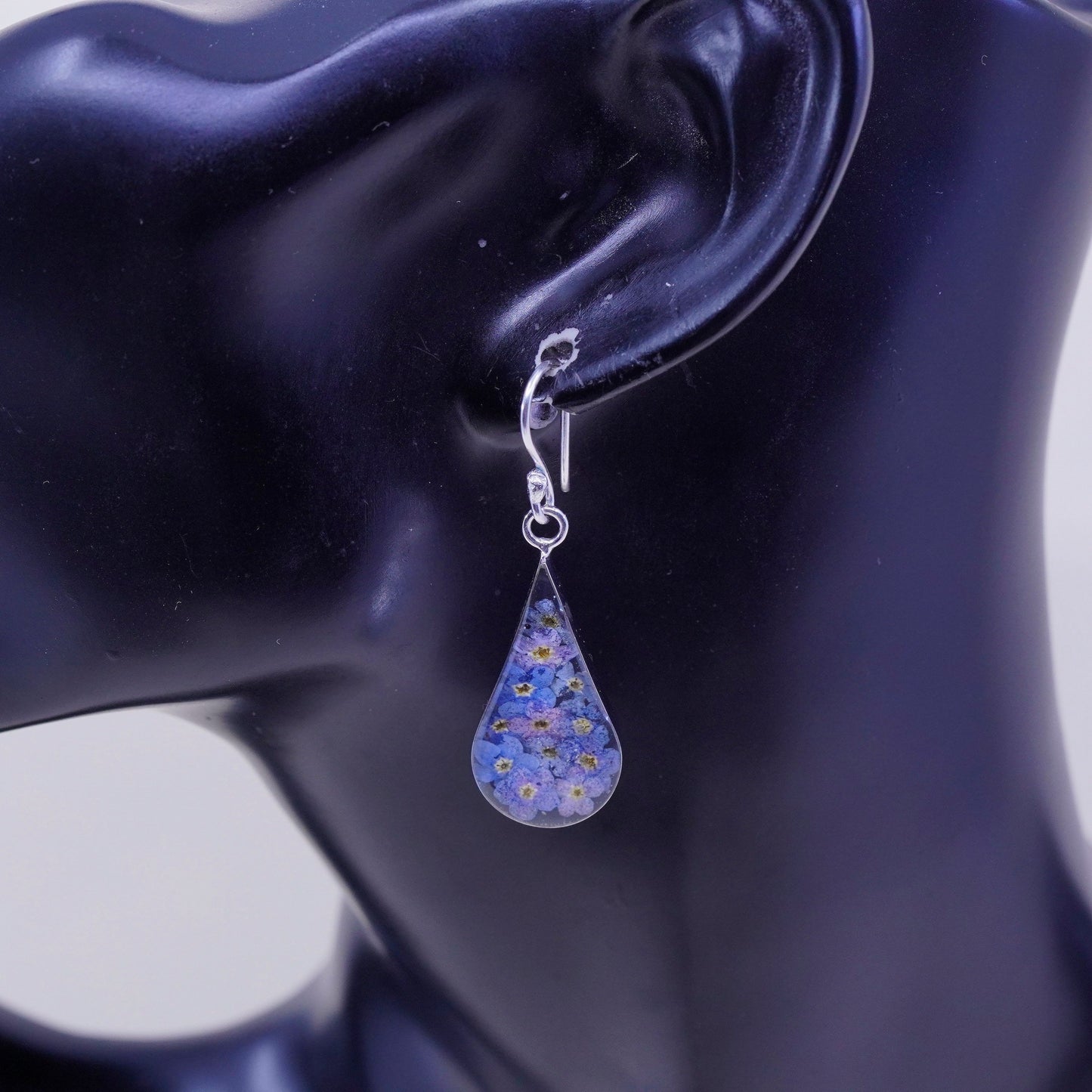 vtg Mexico sterling silver handmade earrings, 925 teardrop purple flower resin