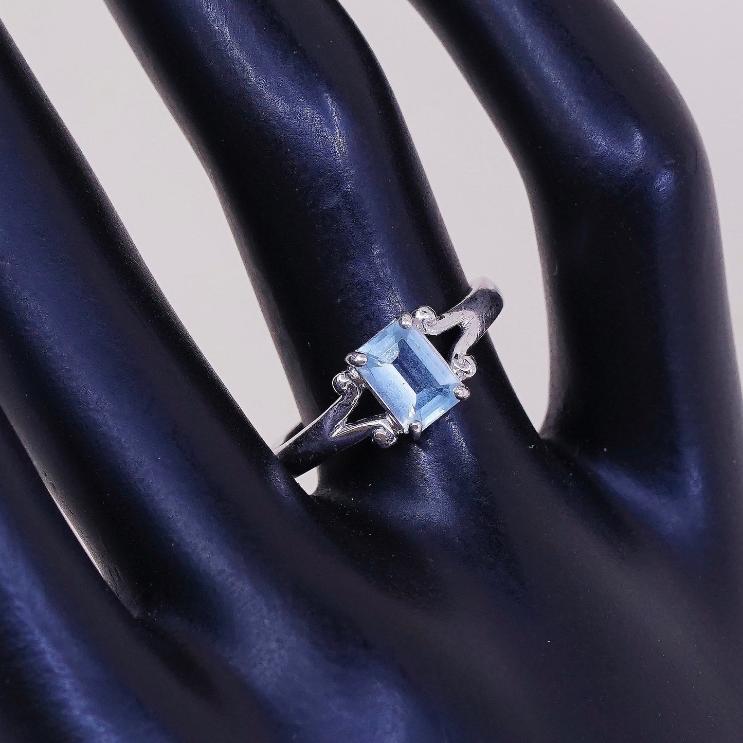 sz 7.25, vtg Sterling silver statement ring, 925 stackable band w/ blue topaz