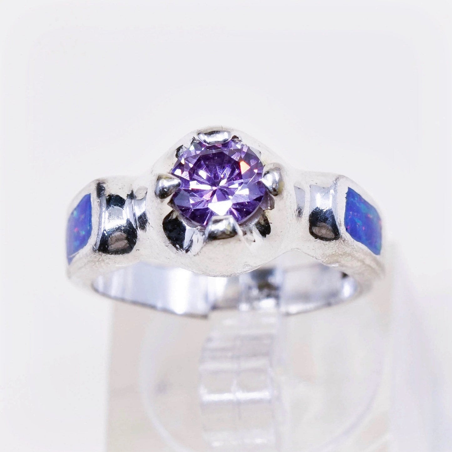 sz 6.25, vintage Sterling silver handmade ring, 925 band w/ opal N amethyst