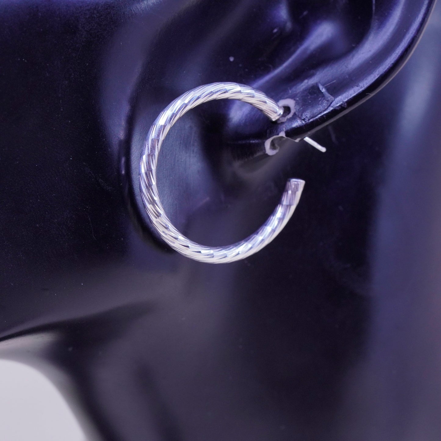 1.25” Vintage sterling 925 silver earrings, textured minimalist primitive hoops