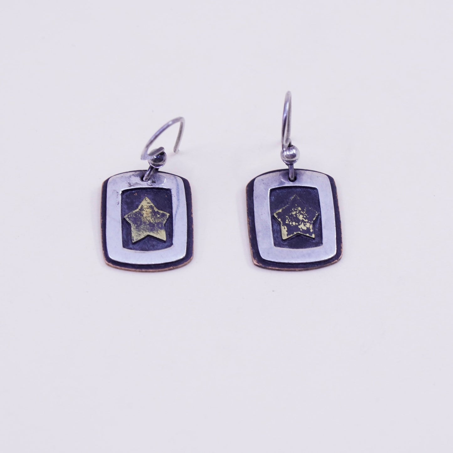 Vintage sterling silver handmade earrings, 925 tag with brass star
