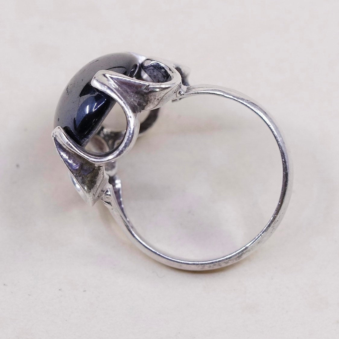 sz 5.75, vtg sterling silver handmade ring, mexico 925 flower w/ hematite bead