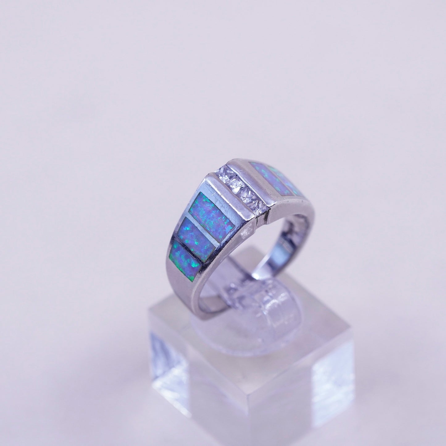 Size 8, vintage Sterling silver handmade ring, 925 band with fire opal and cz