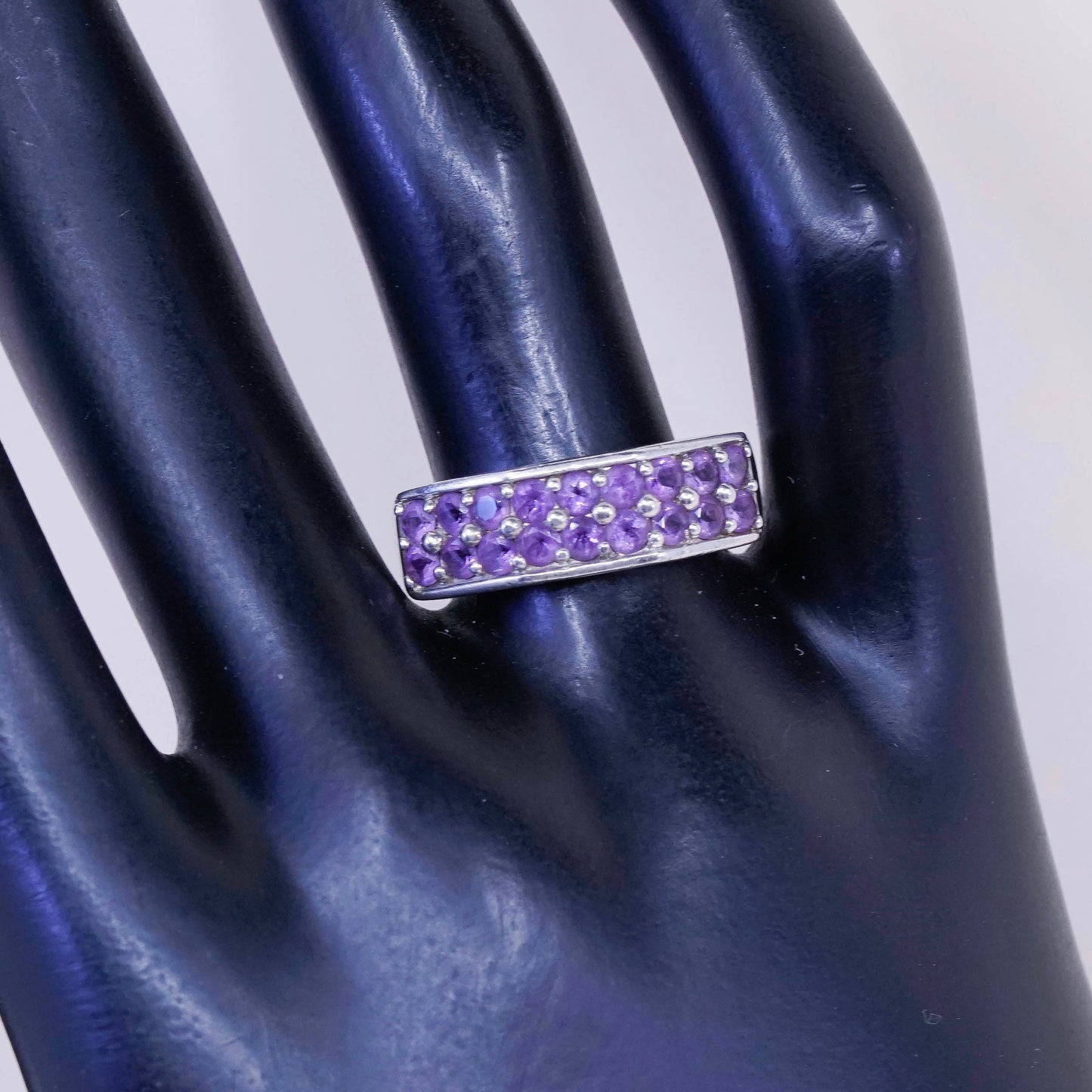 Size 8, vtg Sterling silver handmade cocktail ring, 925 w/ cluster amethyst