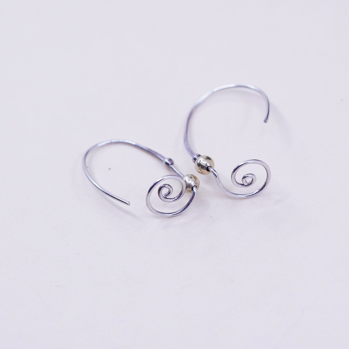 Vintage two tone Sterling silver handmade earrings, 925 swirl with 14K gold beads, silver and gold tested