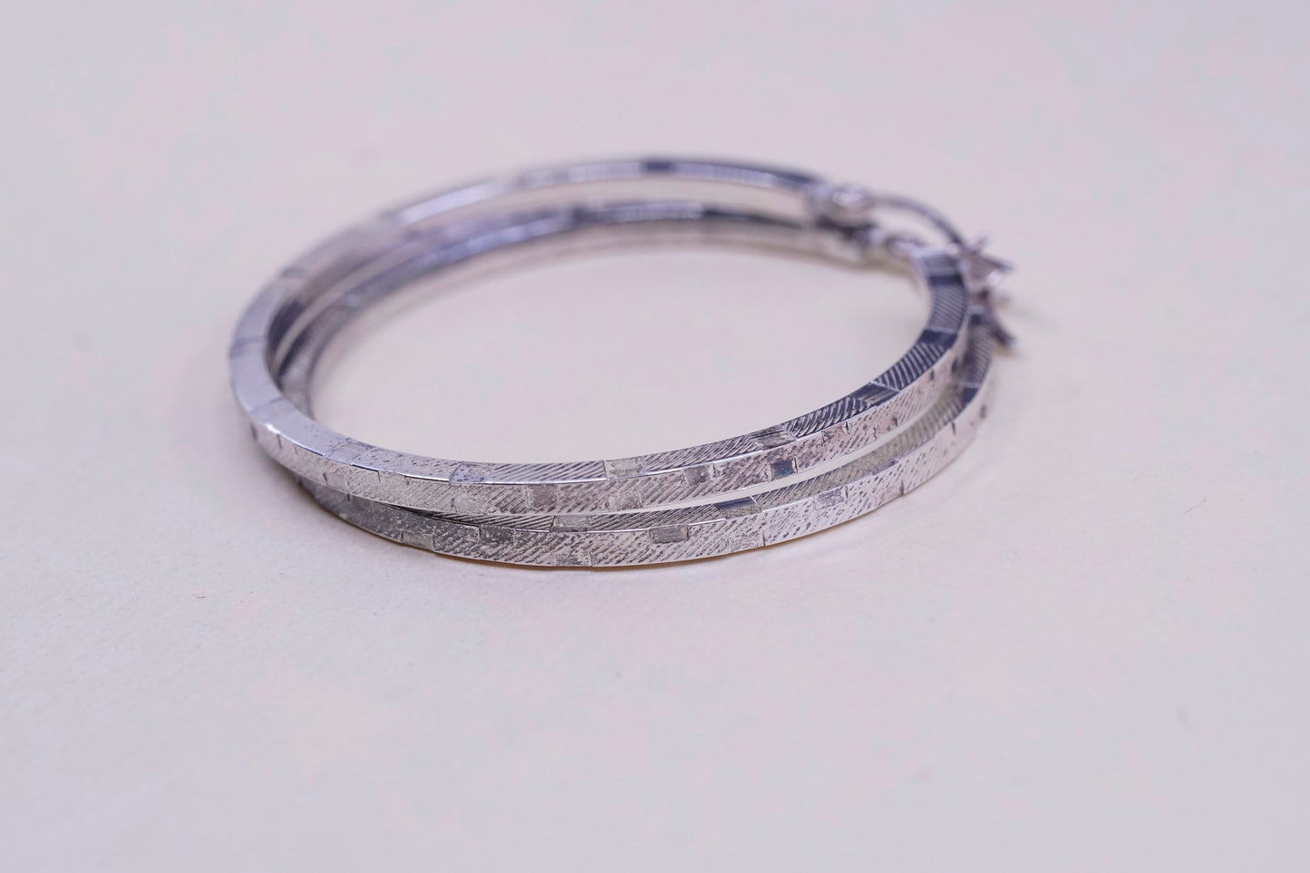 1.75”, vtg sterling silver loop earrings, textured minimalist primitive hoops