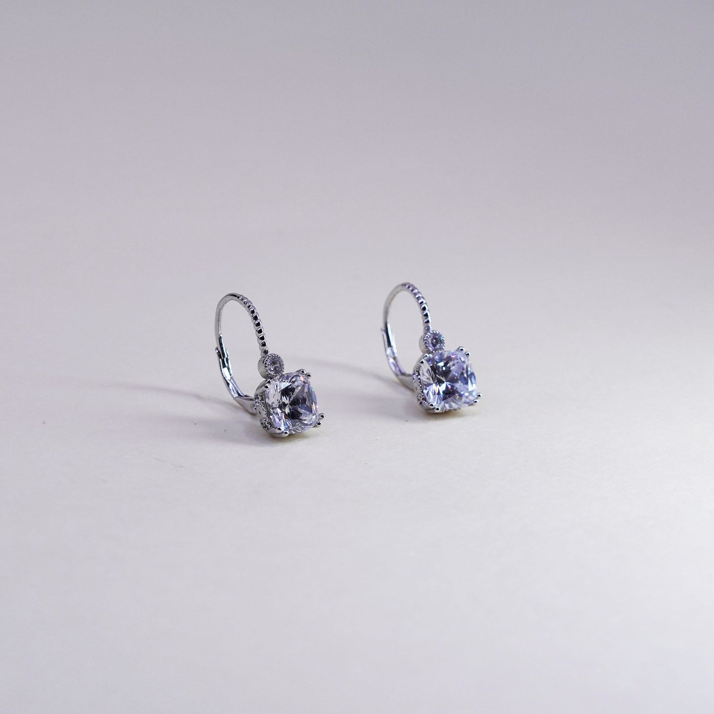 Vintage Sterling 925 silver handmade earrings, square Cz dangles