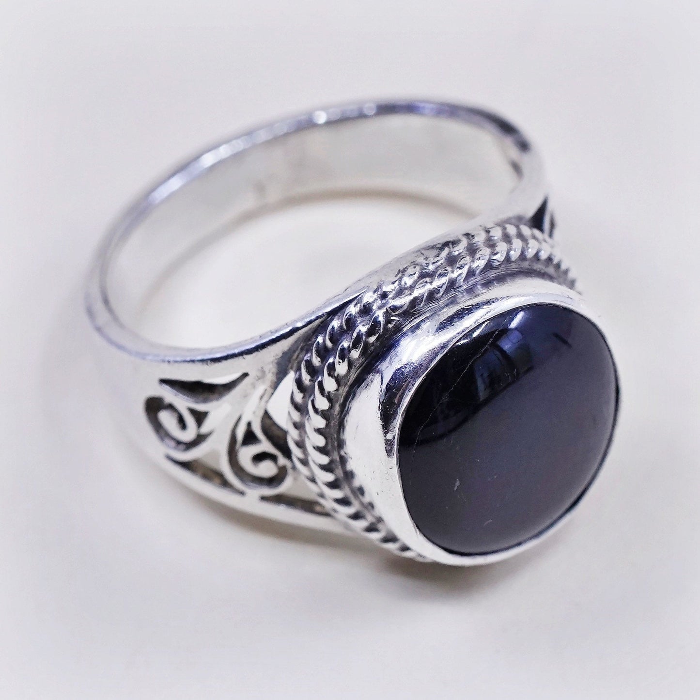 sz 7, vtg sterling silver ring, handmade filigree 925 ring w/ black tiger eye