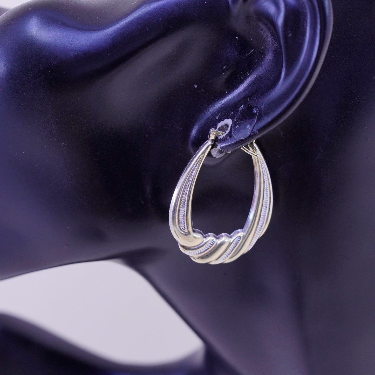 1.25”, two tone sterling silver loop earrings, Ribbed twisted hoops, huggie