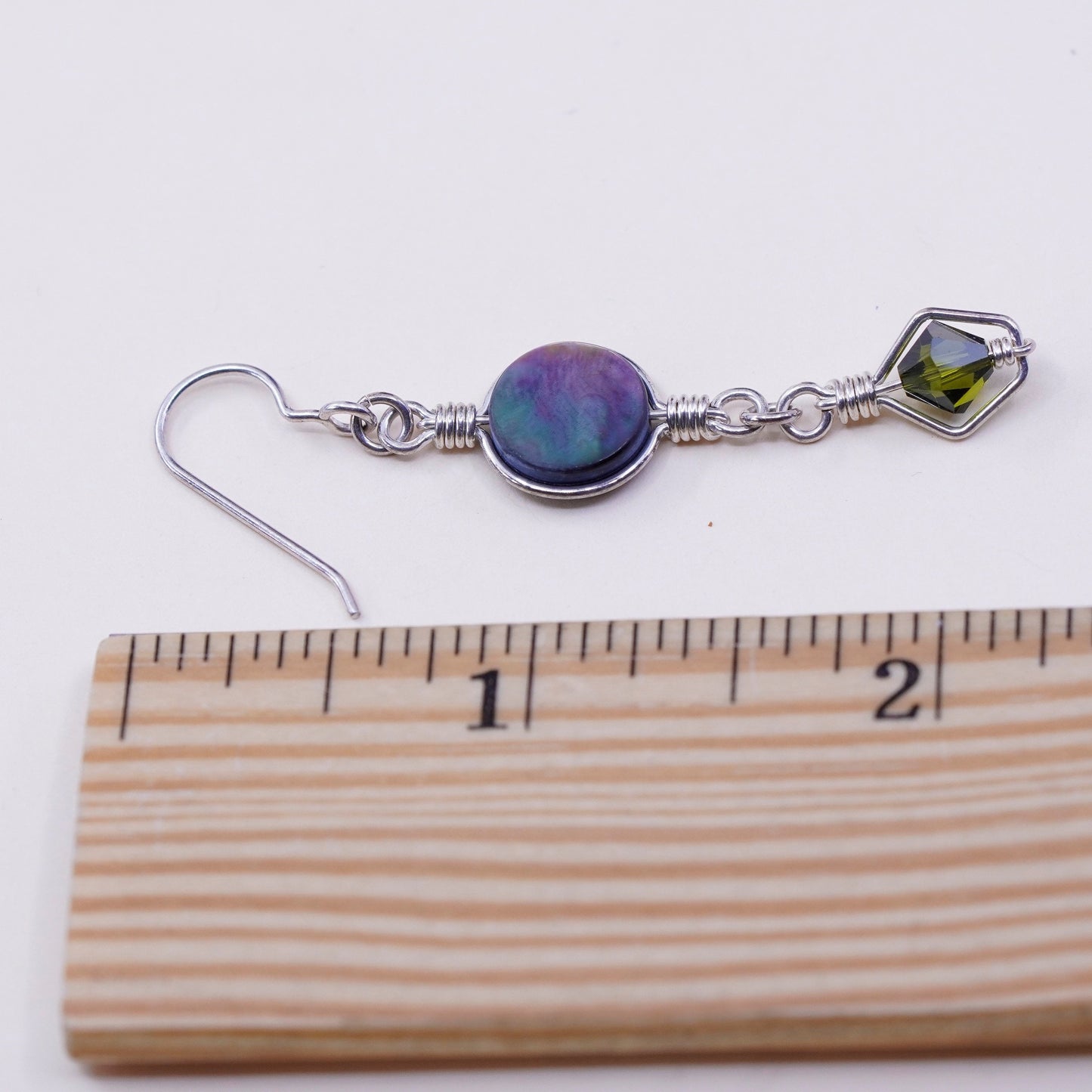 Vintage sterling silver handmade earrings, 925 hooks with circle abalone and peridot, silver tested