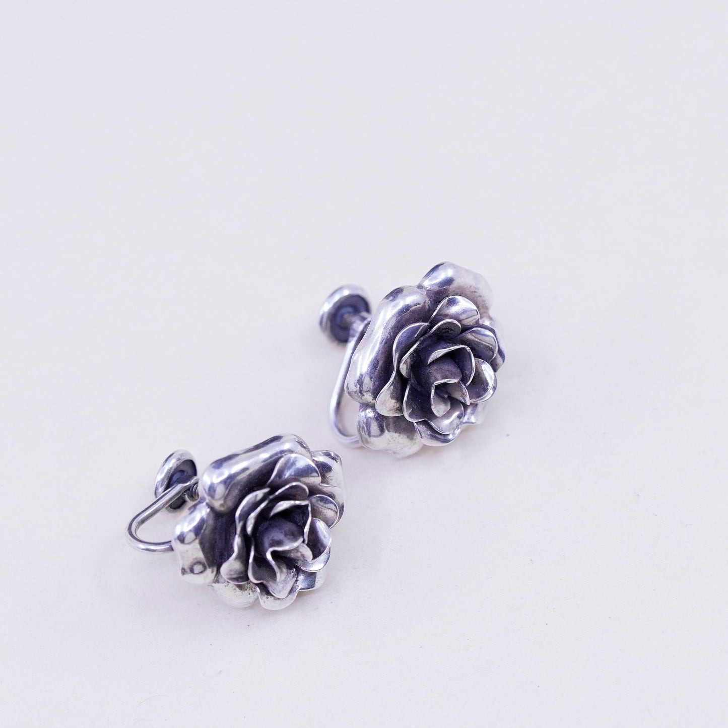 Vintage danecraft Sterling silver earrings, 925 screw back flower rose earrings