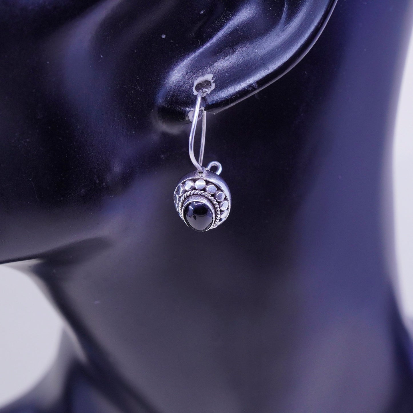 Vintage Sterling 925 silver handmade earrings with oval obsidian drops, elegant