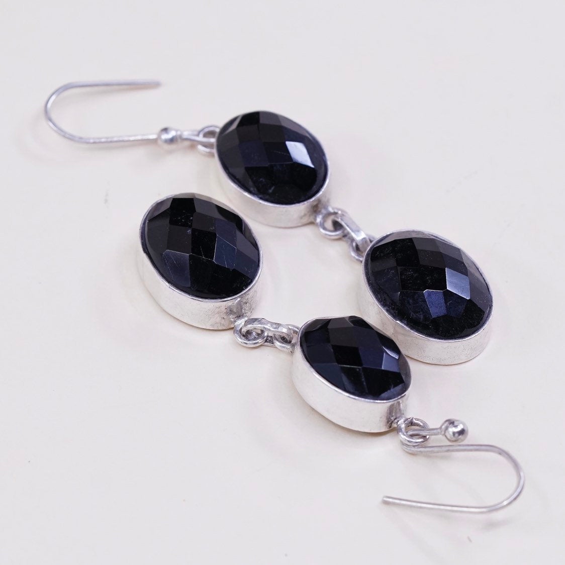 vtg Sterling silver handmade earrings, 925 w/ oval shaped obsidian drops